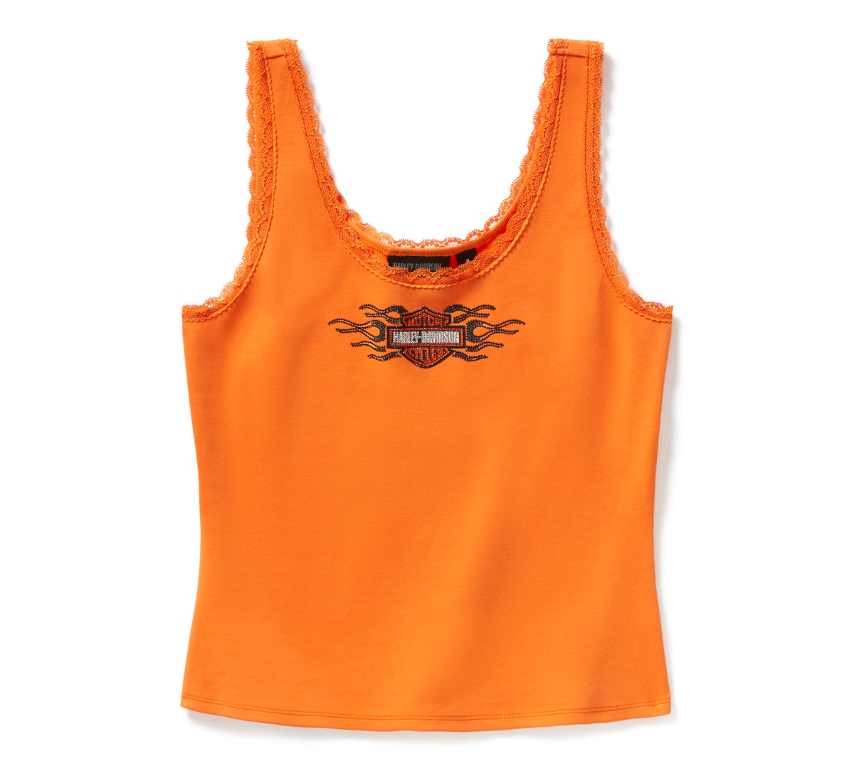 Harley-Davidson Women's Vintage Flames Bling Lace Trim Tank - Harley Orange