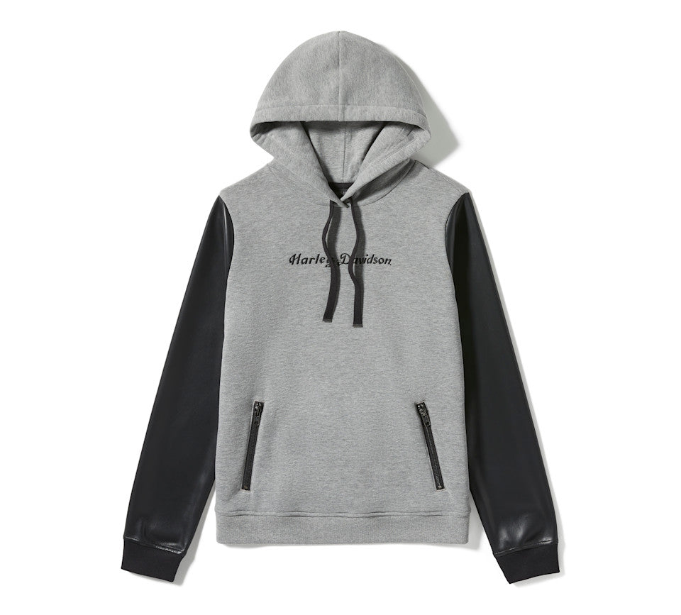 Women's Faux Leather Sleeve Pullover Hoodie - Colorblock - Medium Grey Heather & Harley Black