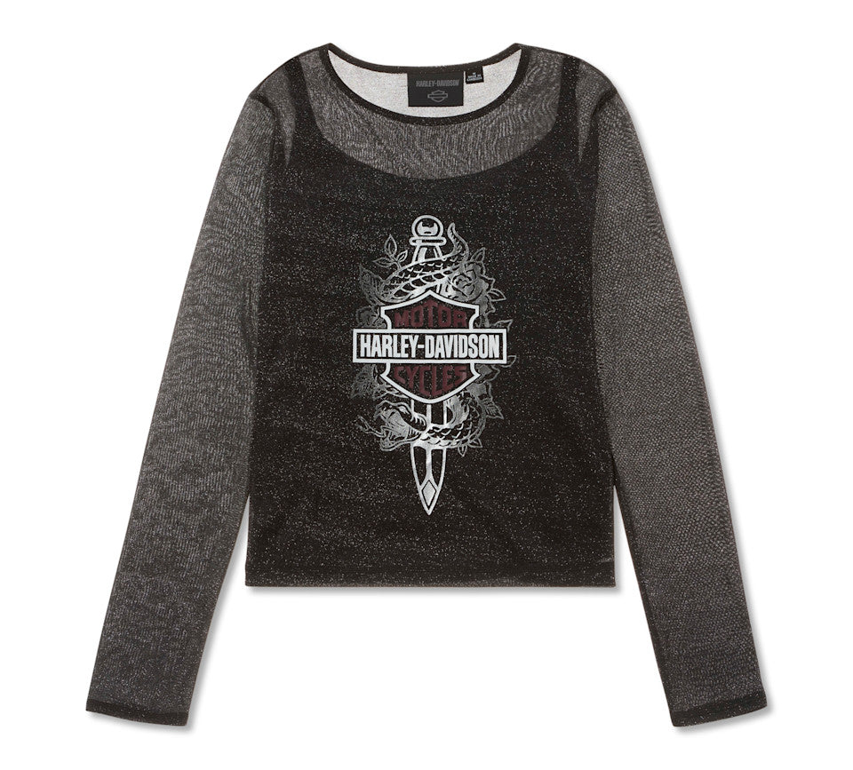 Women's Metallic Dagger Mesh Long Sleeve Top