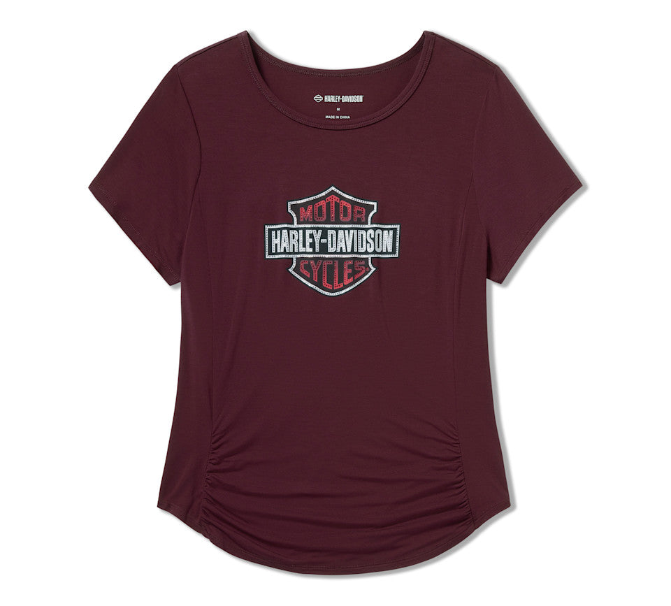 Women's Beveled Bar & Shield Bling Top - Maroon Banner