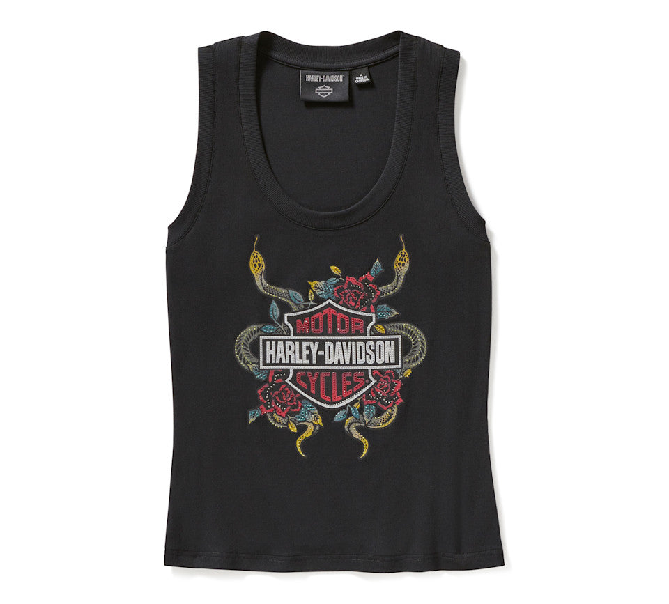 Women's Serpent Rose Bling Ribbed Tank - Harley Black