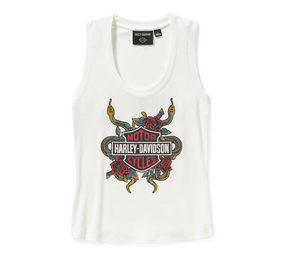 Women's Serpent Rose Bling Ribbed Tank - Cloud Dancer