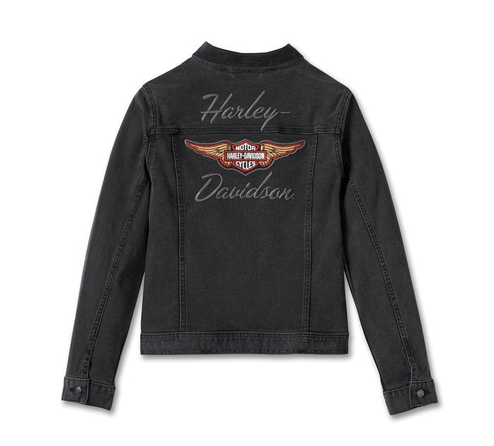 Harley-Davidson Women's Silver Wing Stretch Denim Jacket - Black Denim