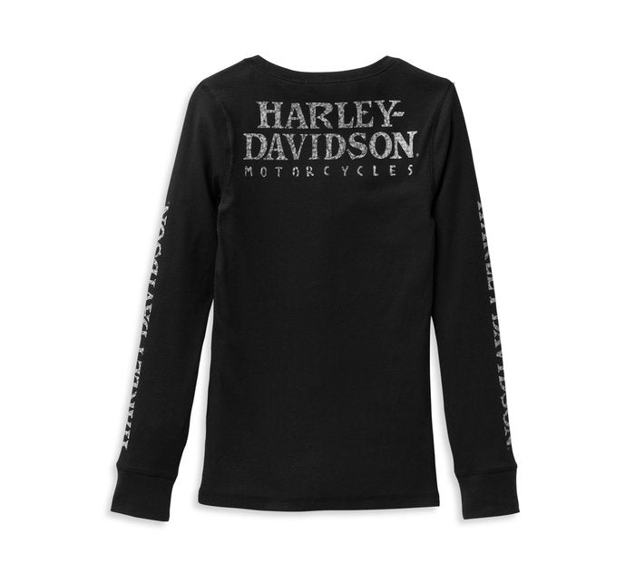 Harley-Davidson Women's Willie G Skull Snap Front Long Sleeve Henley - Black Beauty