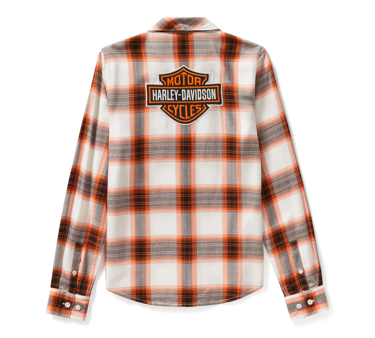 Harley-Davidson H-D Women's Essential Bar & Shield Woven Plaid Long Sleeve - Cloud Dancer & Harley Orange