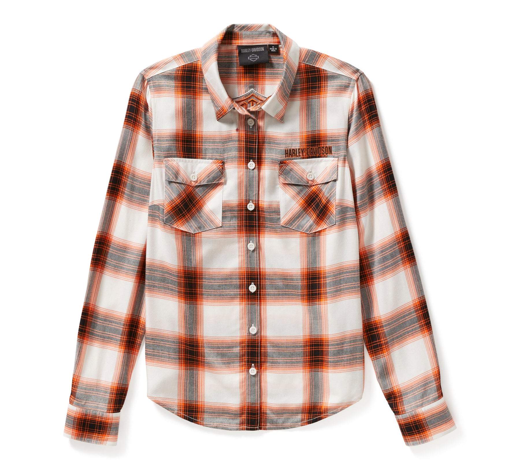 Harley-Davidson H-D Women's Essential Bar & Shield Woven Plaid Long Sleeve - Cloud Dancer & Harley Orange