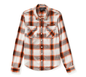 Harley-Davidson H-D Women's Essential Bar & Shield Woven Plaid Long Sleeve - Cloud Dancer & Harley Orange