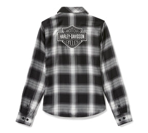 Harley-Davidson Women's Essential Bar & Shield Woven Plaid Long Sleeve - Harley Black & Cloud Dancer