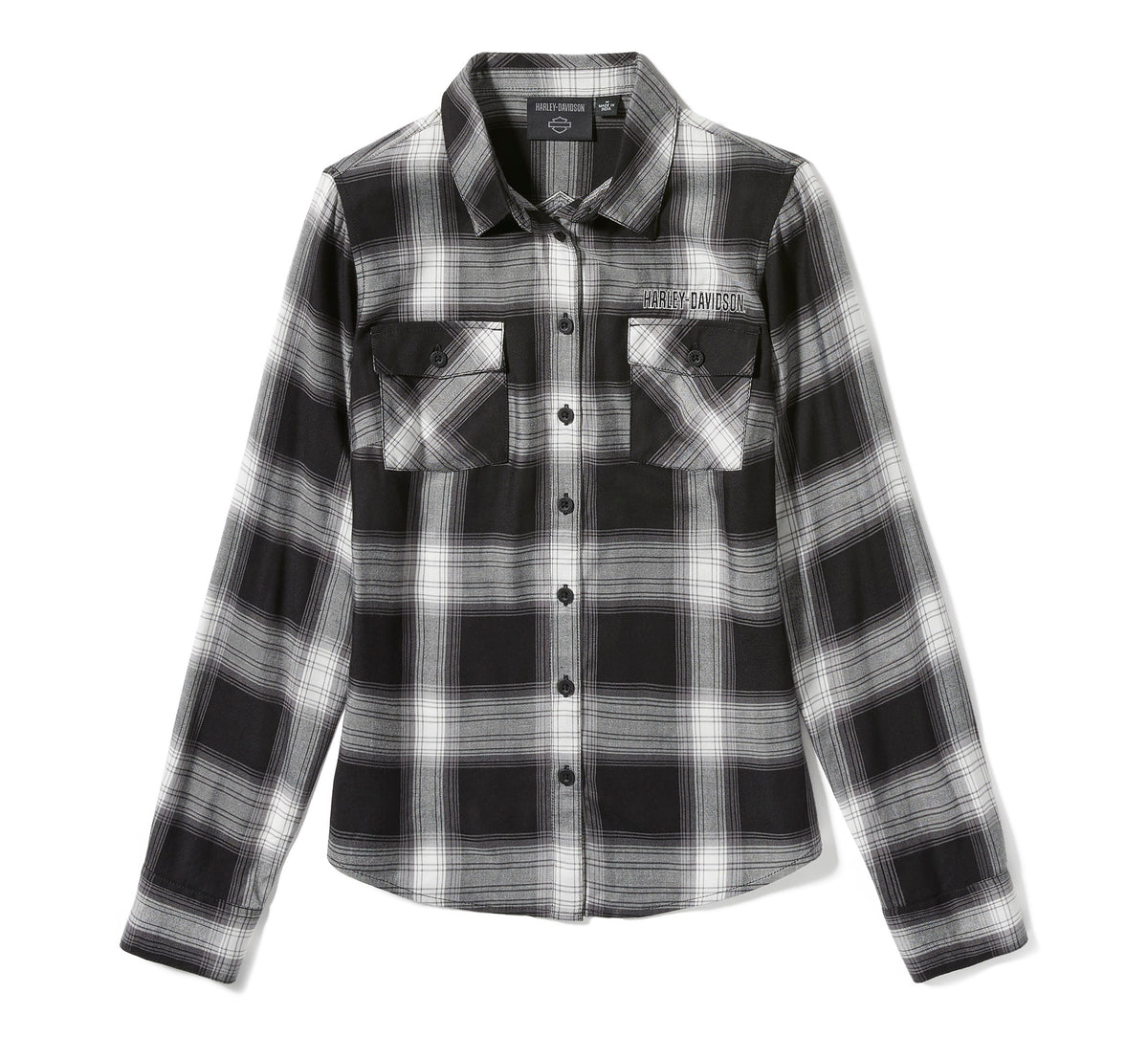 Harley-Davidson Women's Essential Bar & Shield Woven Plaid Long Sleeve - Harley Black & Cloud Dancer