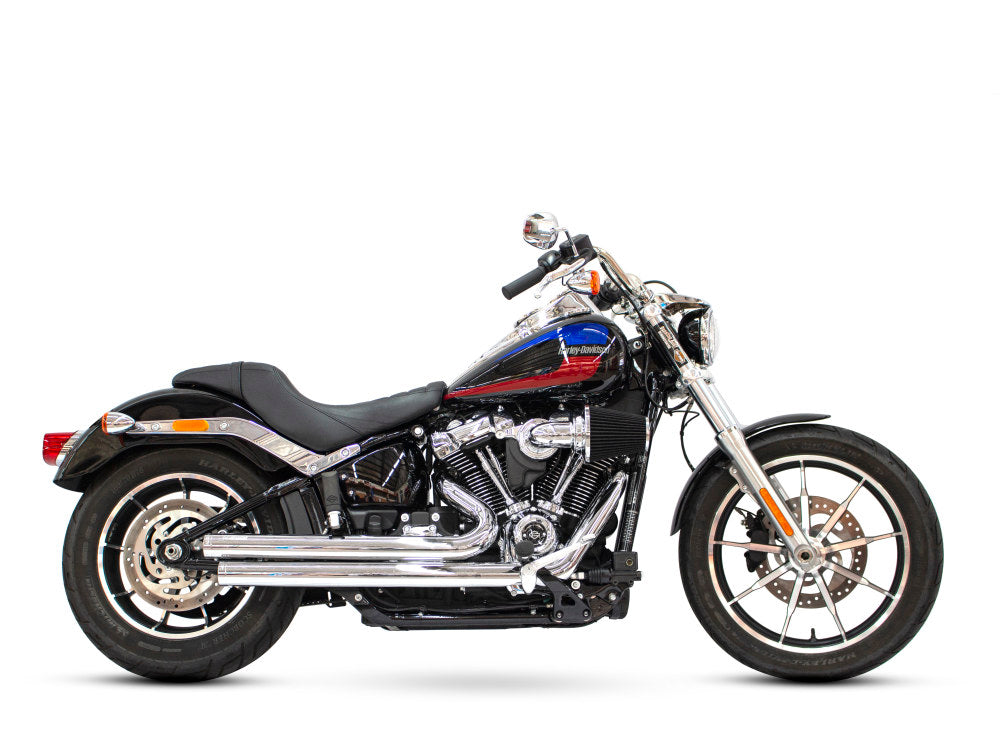 Independence Staggered Exhaust – Chrome with Chrome End Caps. Fits Softail 2018up