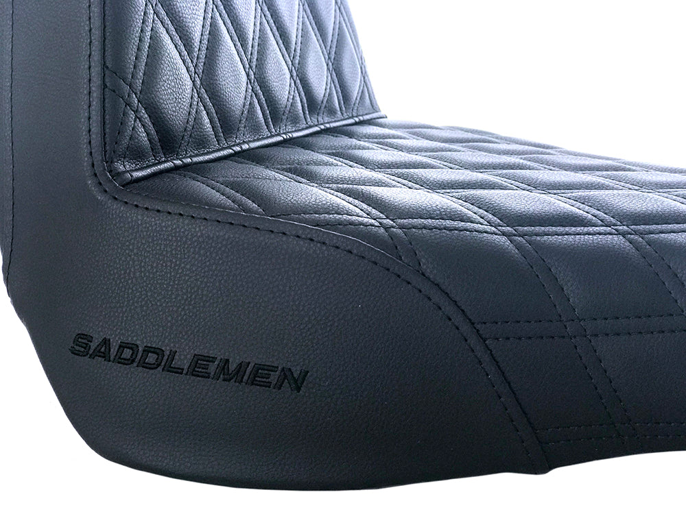 Step-Up Front LS Dual Seat with Black Double Diamond Lattice Stitch. Fits Fat Boy 2018up & Breakout 2023up – Saddlemen Seats