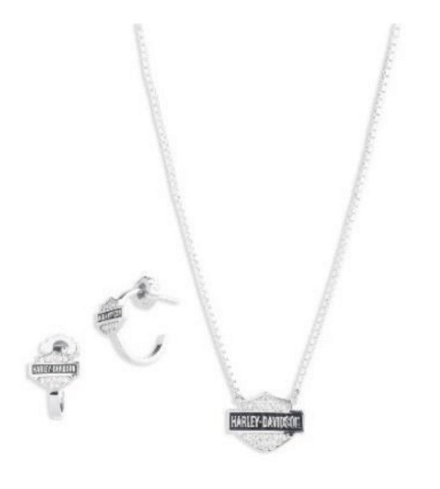 Harley-Davidson Boxed 16" Pave Logo Sterling Sliver Necklace and Earring Set