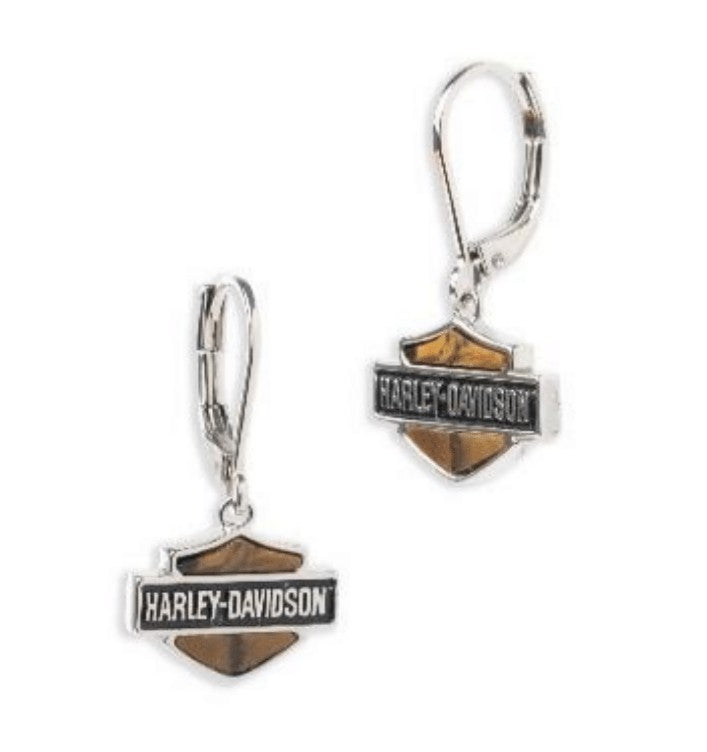 Harley-Davidson Women's Tiger's Eye H-D Bar & Shield Logo Drop Earrings, Silver