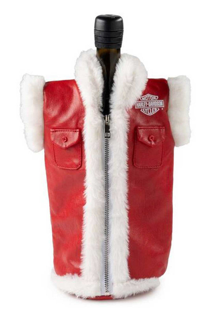 Harley-Davidson® Biker Santa Fur Trim Vest Insulated Wine Bottle Cooler, Red