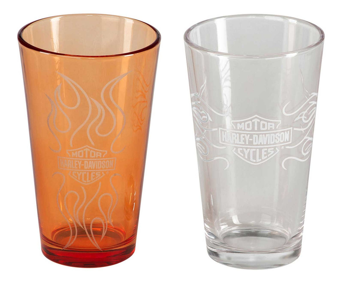 Harley-Davidson Bar & Shield Flames Pint Glass Set – 16 oz. Orange & Clear